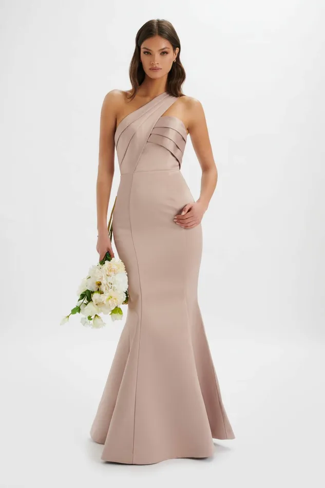 Lavish Alice Off The Shoulder and Bardot SHAILENE Bonded Satin Asymmetric Maxi Dress In Mink Light Pink 8211 Women
