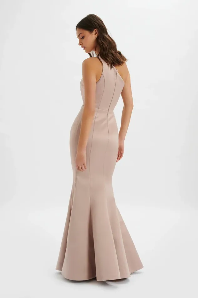 Lavish Alice Off The Shoulder and Bardot SHAILENE Bonded Satin Asymmetric Maxi Dress In Mink Light Pink 8211 Women