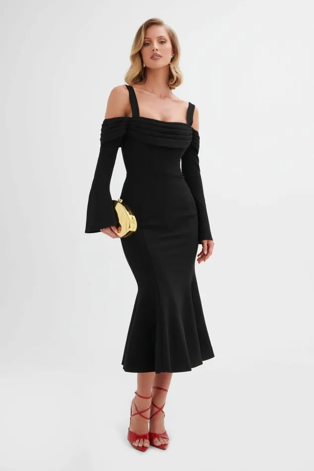 Lavish Alice Off The Shoulder and Bardot SIA Ponte Pleated Cowl Longline Midi Dress In Black Black 8211 Women Lavish Alice Off The Shoulder and Bardot SIA Ponte Pleated Cowl Longline Midi Dress In Black Black 8211 Women