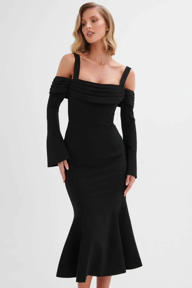 Lavish Alice Off The Shoulder and Bardot SIA Ponte Pleated Cowl Longline Midi Dress In Black Black 8211 Women