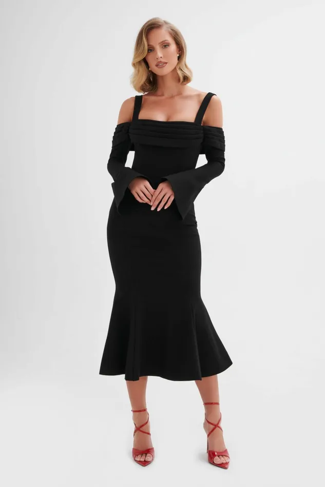Lavish Alice Off The Shoulder and Bardot SIA Ponte Pleated Cowl Longline Midi Dress In Black Black 8211 Women