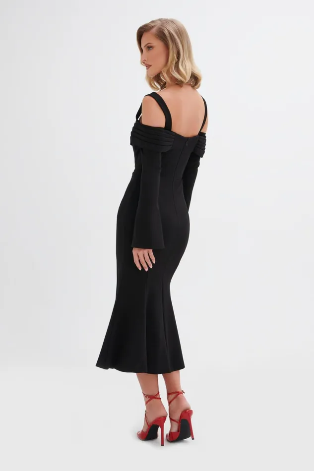 Lavish Alice Off The Shoulder and Bardot SIA Ponte Pleated Cowl Longline Midi Dress In Black Black 8211 Women