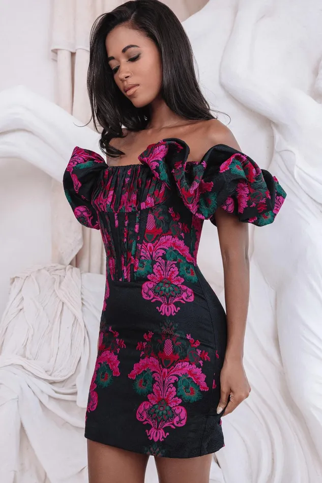 Lavish Alice Off The Shoulder and Bardot STACIA Jacquard Puff Sleeve Mini Dress In Black and Purple Black and Purple 8211 Women