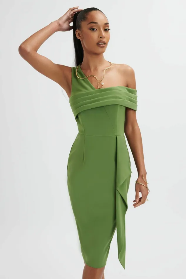 Lavish Alice Pencil Dresses HANNAH Pleated Asymmetric Off Shoulder Midi Dress In Green Green 8211 Women Lavish Alice Pencil Dresses HANNAH Pleated Asymmetric Off Shoulder Midi Dress In Green Green 8211 Women