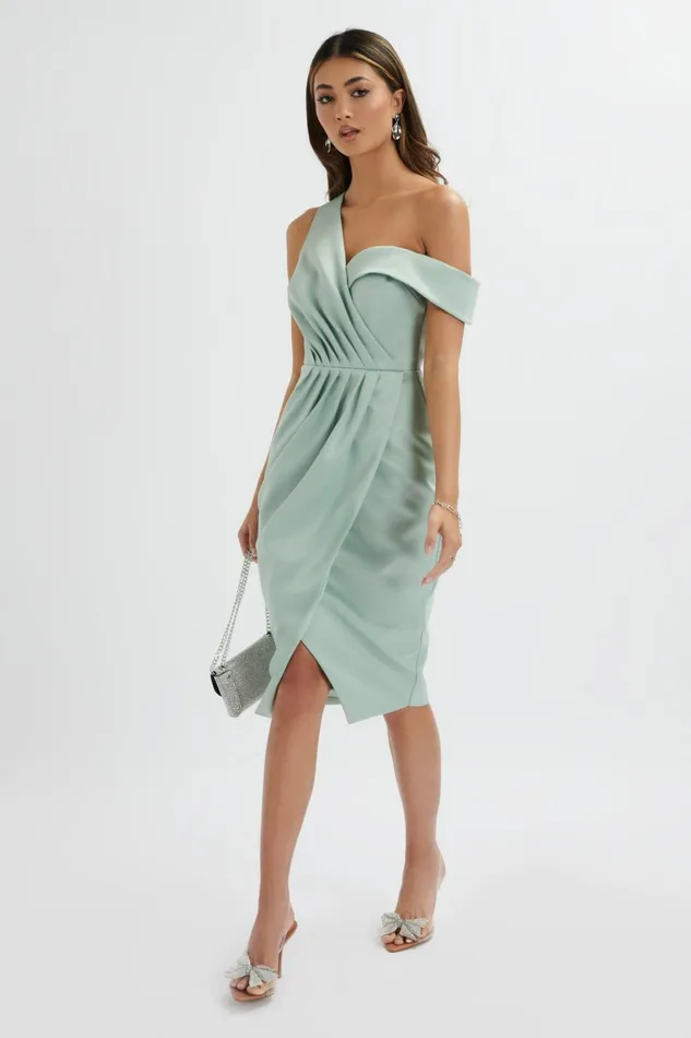 Lavish Alice Ruched Dresses MAJA One Shoulder Pleated Bonded Satin Midi Dress In Sage Green Sage Green 8211 Women