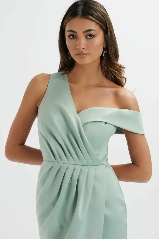 Lavish Alice Ruched Dresses MAJA One Shoulder Pleated Bonded Satin Midi Dress In Sage Green Sage Green 8211 Women