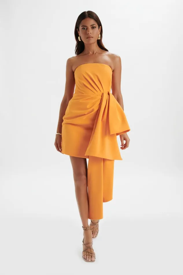 Lavish Alice Strapless and Bandeau Dresses SHAKIRA Bandeau Half Bow Drape Midi Dress In Apricot Apricot 8211 Women