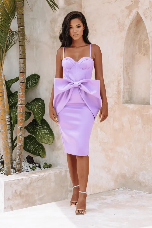 Lavish Alice Wedding Guest SHILOH Extreme Bow Corset Detail Midi Dress In Lavender Satin 8211 Women