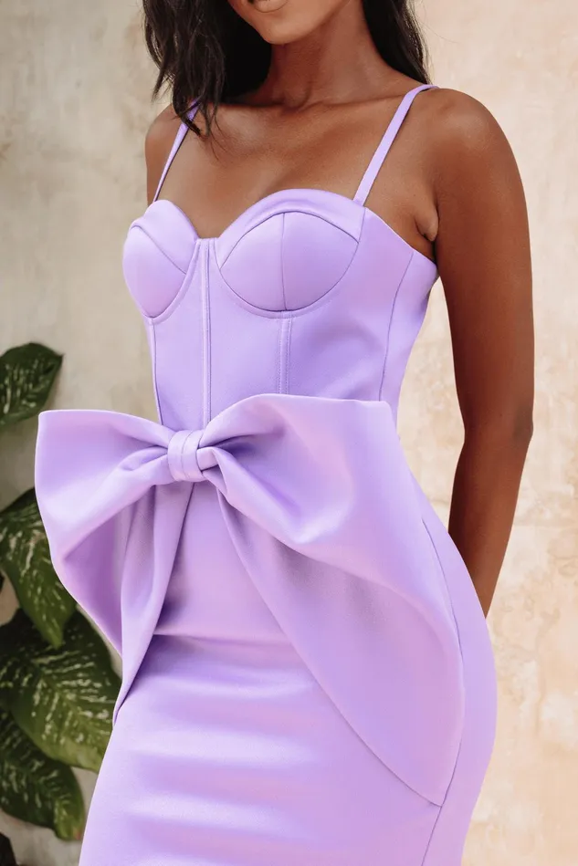 Lavish Alice Wedding Guest SHILOH Extreme Bow Corset Detail Midi Dress In Lavender Satin 8211 Women
