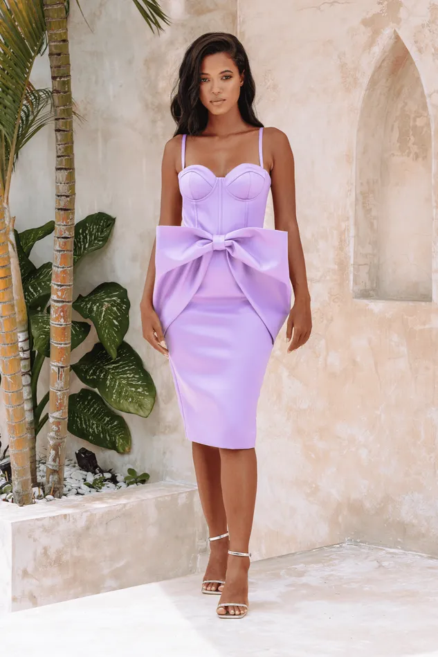 Lavish Alice Wedding Guest SHILOH Extreme Bow Corset Detail Midi Dress In Lavender Satin 8211 Women