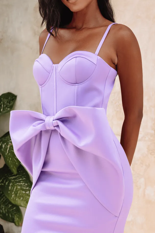 Lavish Alice Wedding Guest SHILOH Extreme Bow Corset Detail Midi Dress In Lavender Satin 8211 Women
