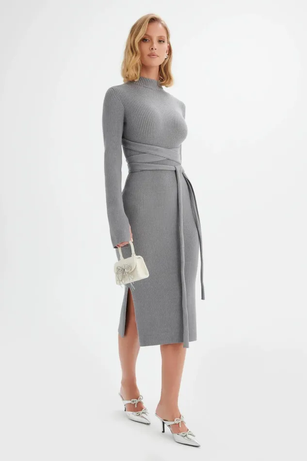 Lavish Alice Winter Knitwear ROMI Knitted Ribbed Open Back Sleeved Midi Dress In Grey Grey 8211 Women Lavish Alice Winter Knitwear ROMI Knitted Ribbed Open Back Sleeved Midi Dress In Grey Grey 8211 Women