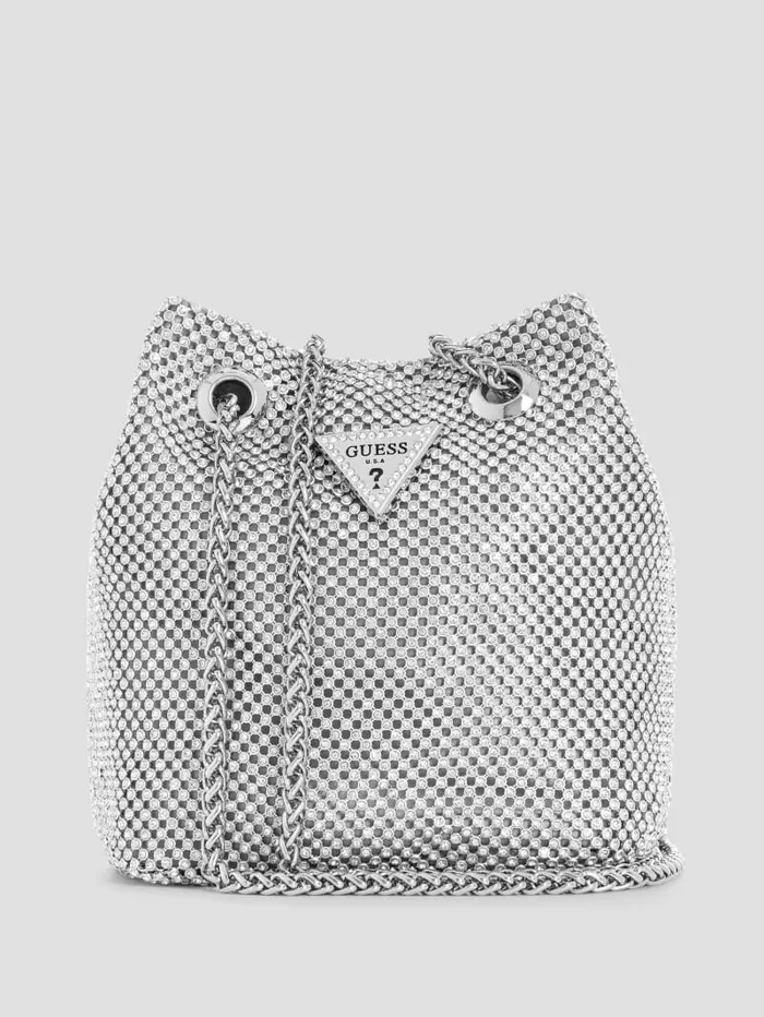 Lua Rhinestone Mesh Mini Pouch Bag Silver Handbags GUESS Women