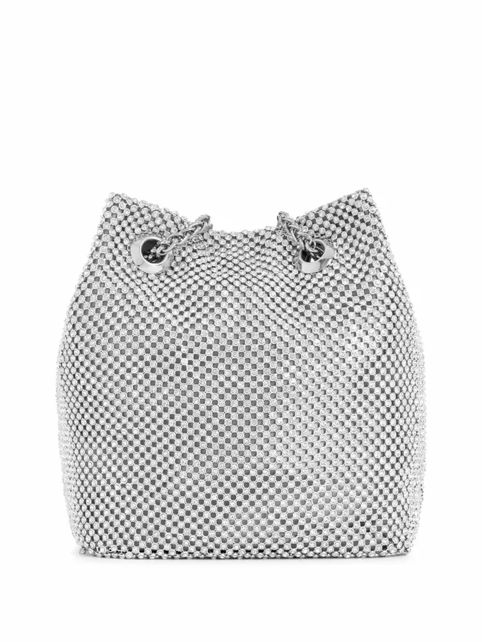 Lua Rhinestone Mesh Mini Pouch Bag Silver Handbags GUESS Women