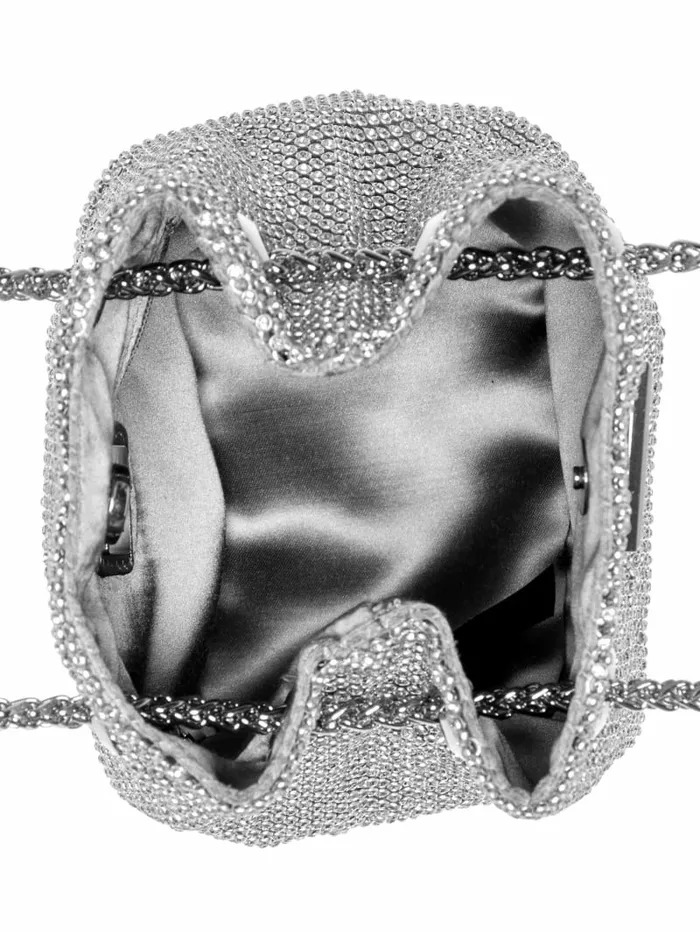 Lua Rhinestone Mesh Mini Pouch Bag Silver Handbags GUESS Women