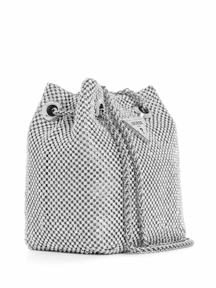 Lua Rhinestone Mesh Mini Pouch Bag Silver Handbags GUESS Women