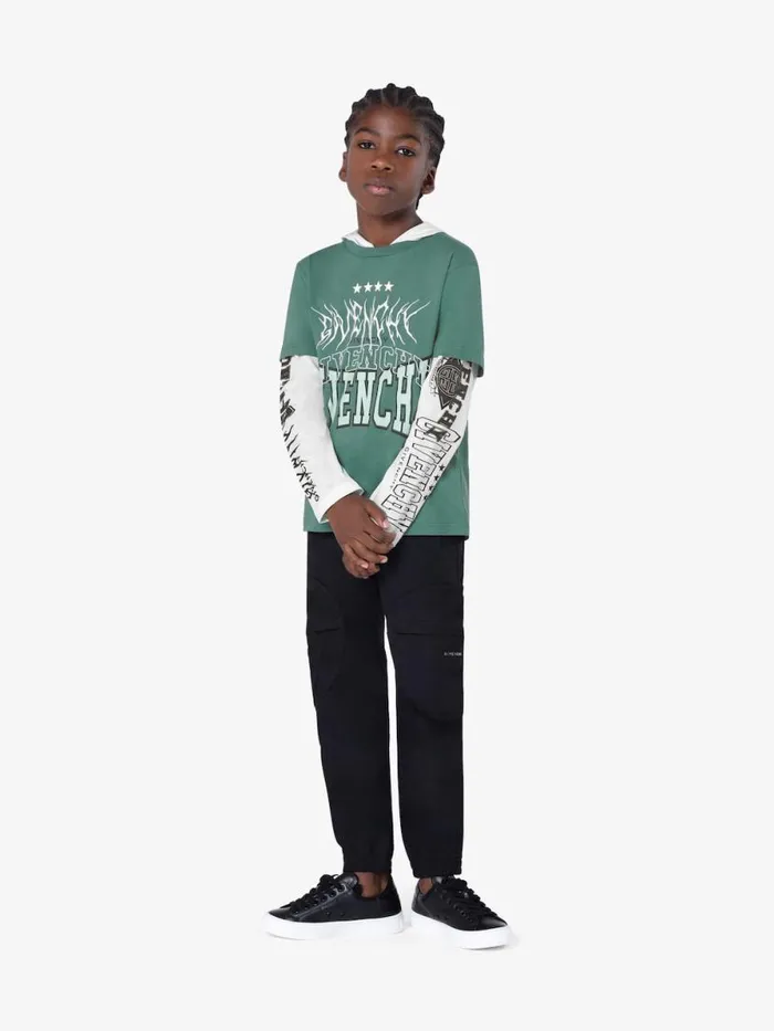 Men Boy 4 To 12 Years Givenchy Overlapped Hooded Tshirt In Cotton Whitegreyish Green Men Boy 4 To 12 Years Givenchy Overlapped Hooded Tshirt In Cotton Whitegreyish Green