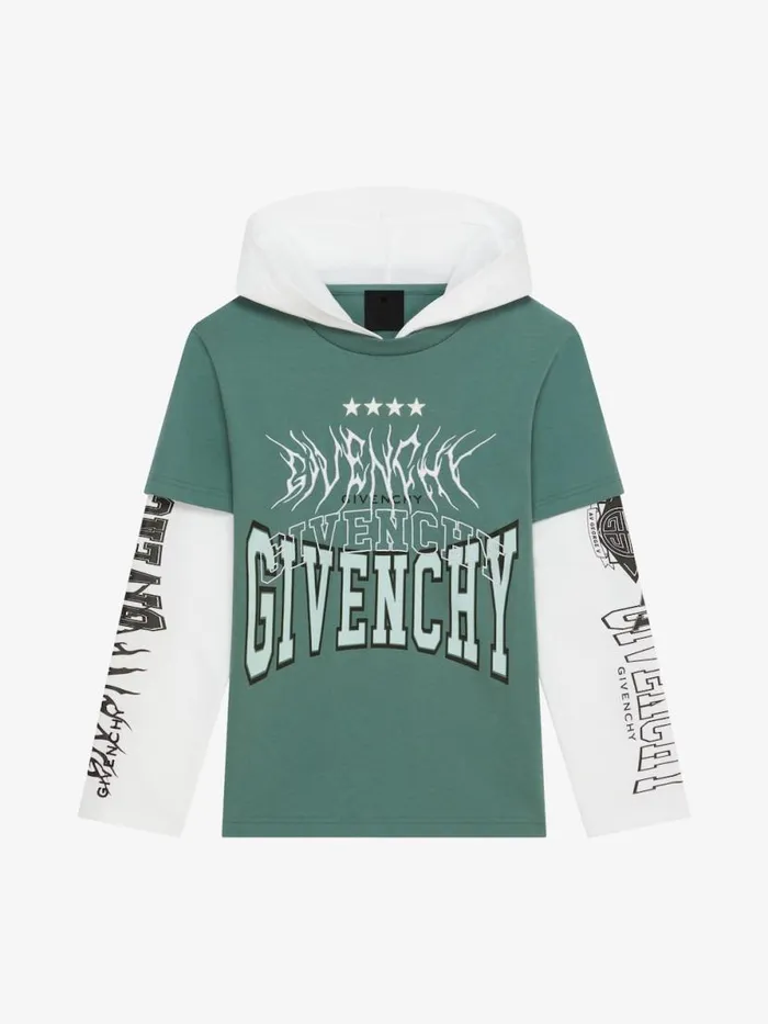 Men Boy 4 To 12 Years Givenchy Overlapped Hooded Tshirt In Cotton Whitegreyish Green