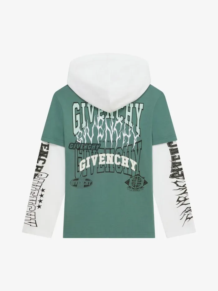 Men Boy 4 To 12 Years Givenchy Overlapped Hooded Tshirt In Cotton Whitegreyish Green