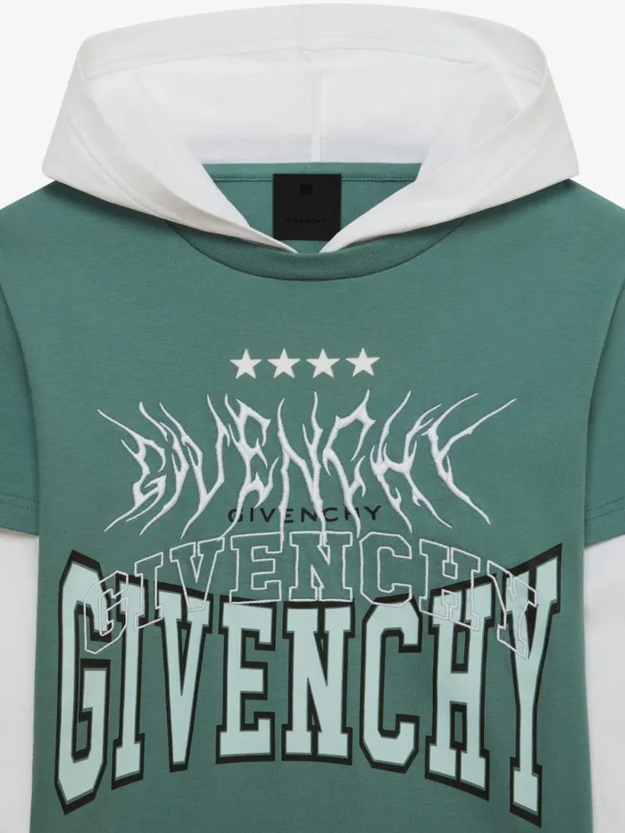 Men Boy 4 To 12 Years Givenchy Overlapped Hooded Tshirt In Cotton Whitegreyish Green