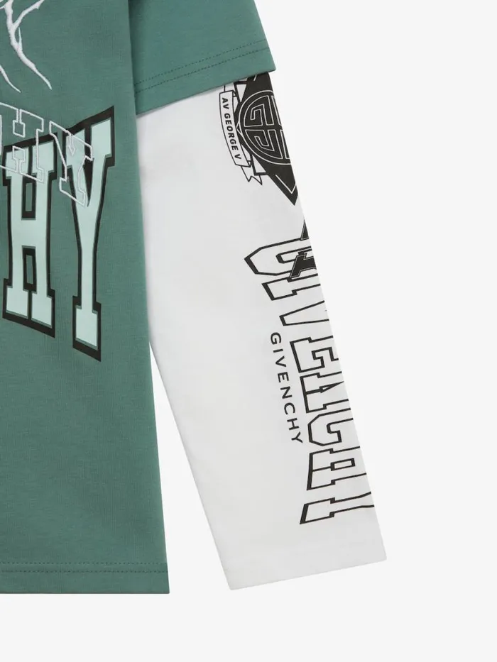 Men Boy 4 To 12 Years Givenchy Overlapped Hooded Tshirt In Cotton Whitegreyish Green
