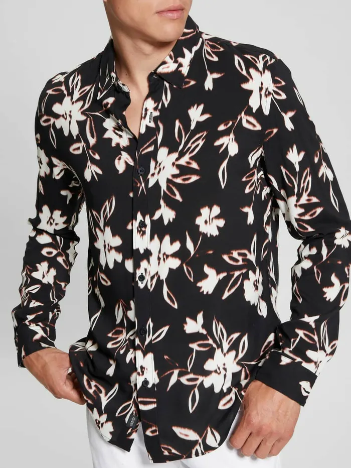 Men GUESS Eco Ikat Floral LongSleeve Shirt Floral Ikat Black Shirts