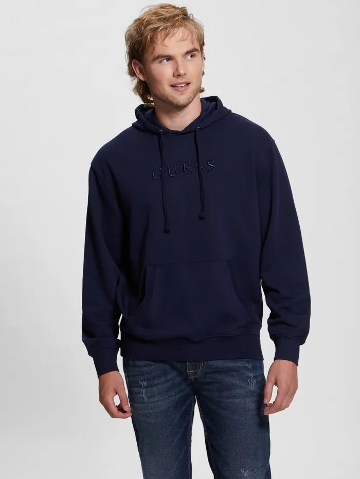 Men GUESS Finch French Terry Hoodie Smart Blue Multi Hoodies and Sweaters