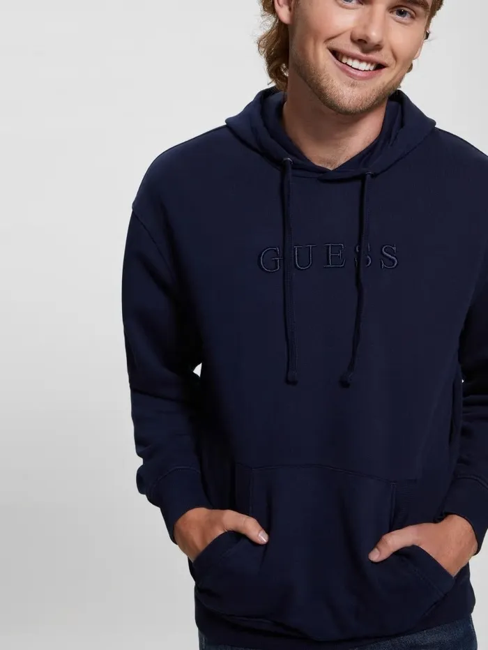 Men GUESS Finch French Terry Hoodie Smart Blue Multi Hoodies and Sweaters Men GUESS Finch French Terry Hoodie Smart Blue Multi Hoodies and Sweaters