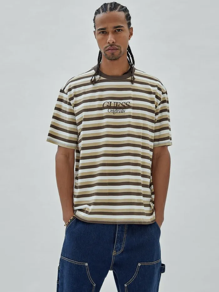 Men GUESS GUESS Originals Eco Striped Tee Coarse Brown Multi TShirts and Tanks