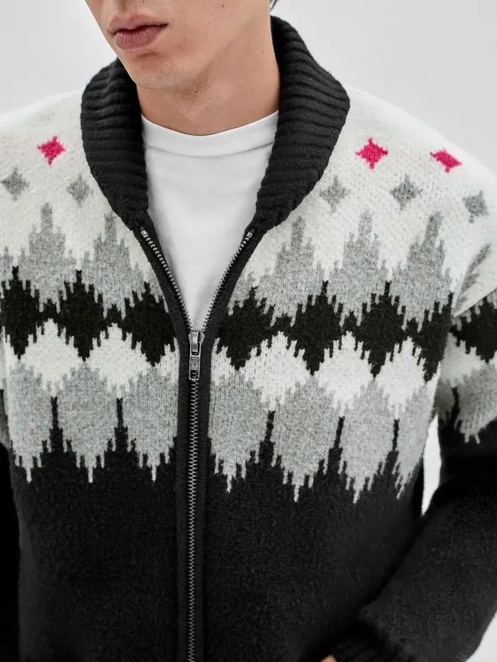 Men GUESS Originals Knit ZipUp Sweater Jet Black Multi Hoodies and Sweaters GUESS