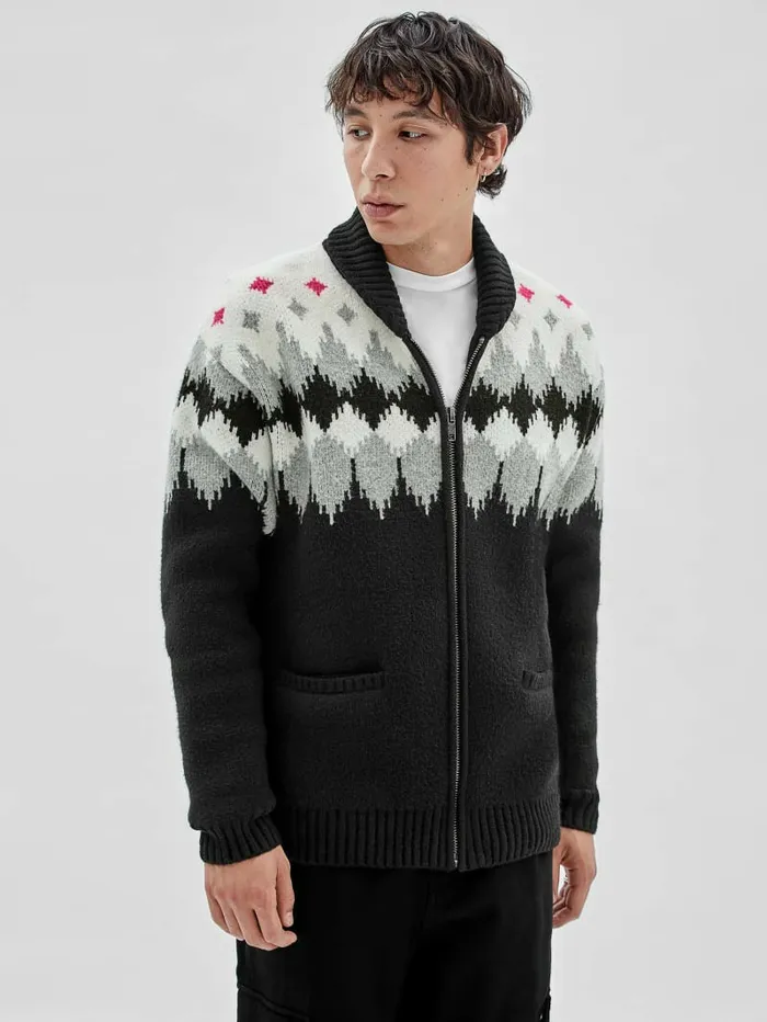 Men GUESS Originals Knit ZipUp Sweater Jet Black Multi Hoodies and Sweaters GUESS