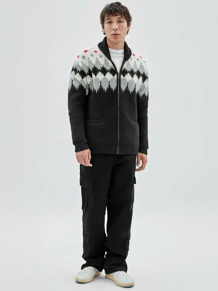 Men GUESS Originals Knit ZipUp Sweater Jet Black Multi Hoodies and Sweaters GUESS