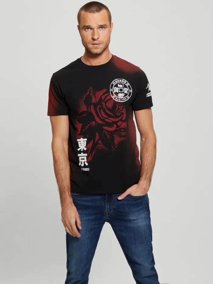 Men GUESS Rose Noir Tee Jet Black Multi TShirts and Tanks