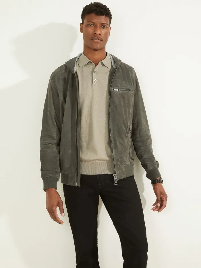 Men GUESS Suede Flight Jacket Hunter Green Jackets and Coats