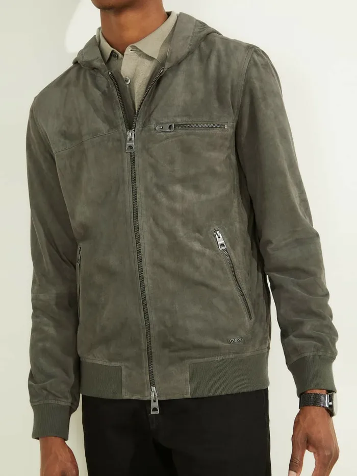 Men GUESS Suede Flight Jacket Hunter Green Jackets and Coats
