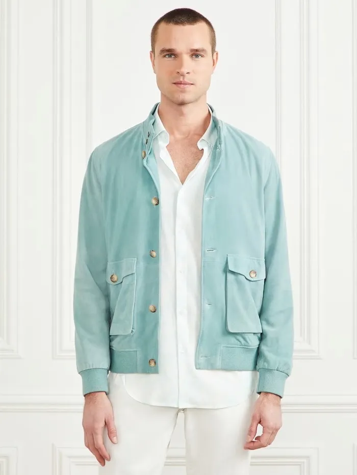 Men GUESS Suede Leather Flight Jacket Washed Island Blue Jackets and Coats
