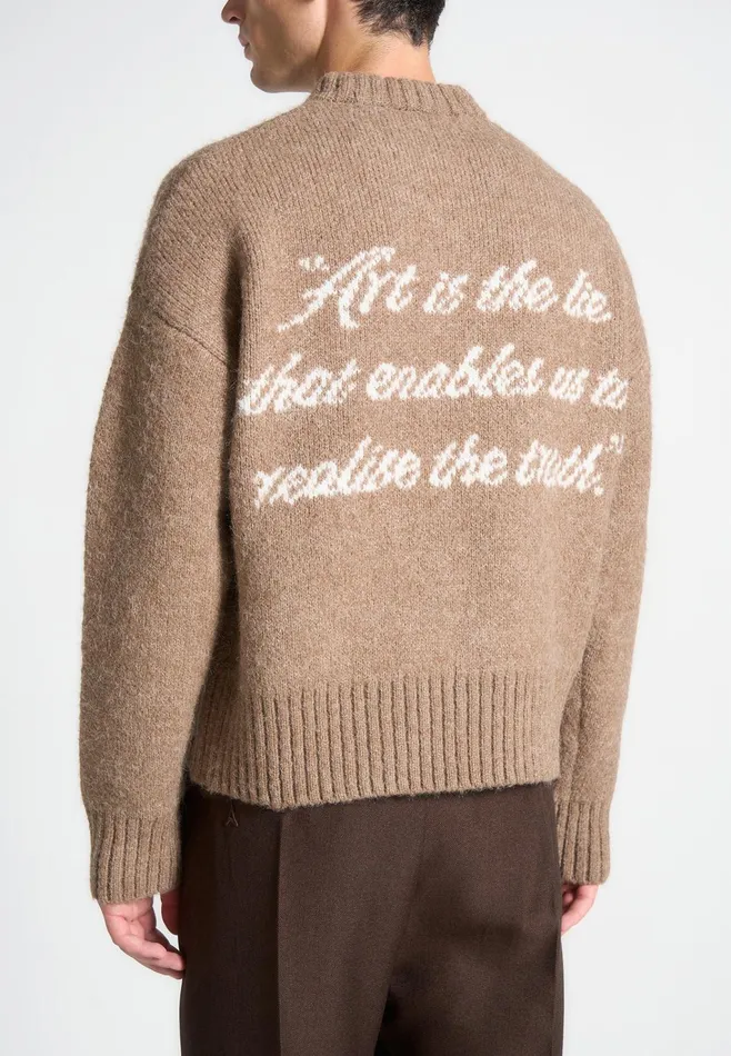 Men Manire De Voir Art Slogan Brushed Wool Knit Jumper Beige