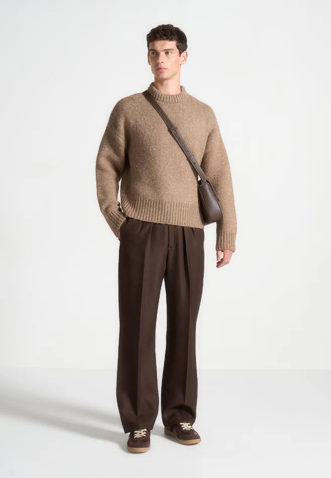 Men Manire De Voir Art Slogan Brushed Wool Knit Jumper Beige