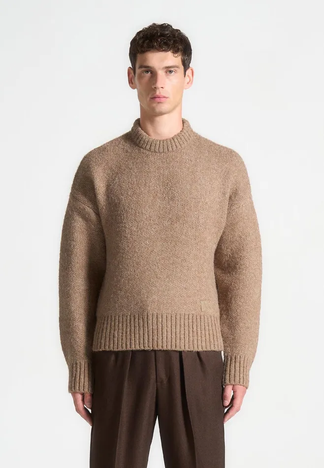 Men Manire De Voir Art Slogan Brushed Wool Knit Jumper Beige