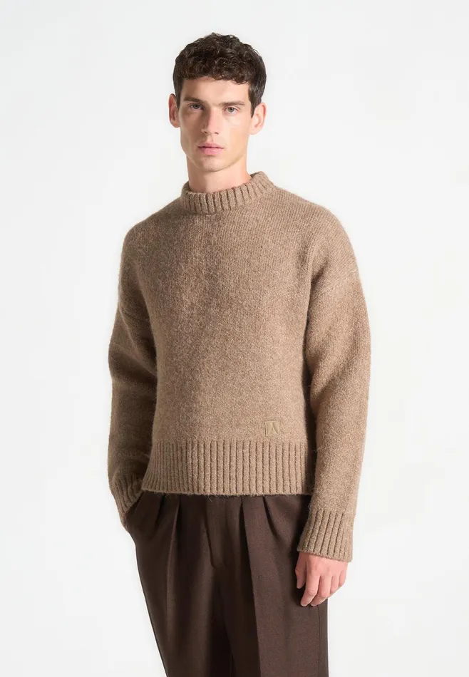 Men Manire De Voir Art Slogan Brushed Wool Knit Jumper Beige