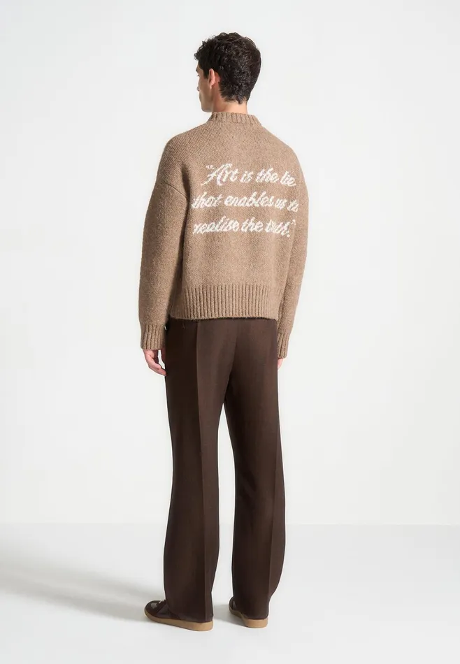 Men Manire De Voir Art Slogan Brushed Wool Knit Jumper Beige