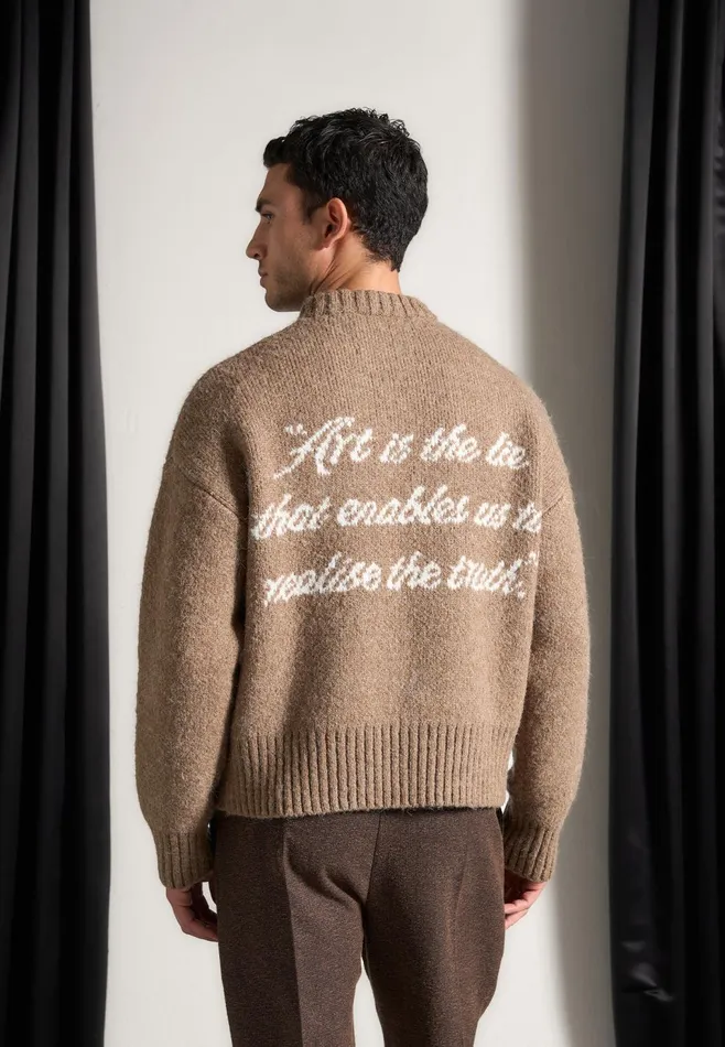 Men Manire De Voir Art Slogan Brushed Wool Knit Jumper Beige