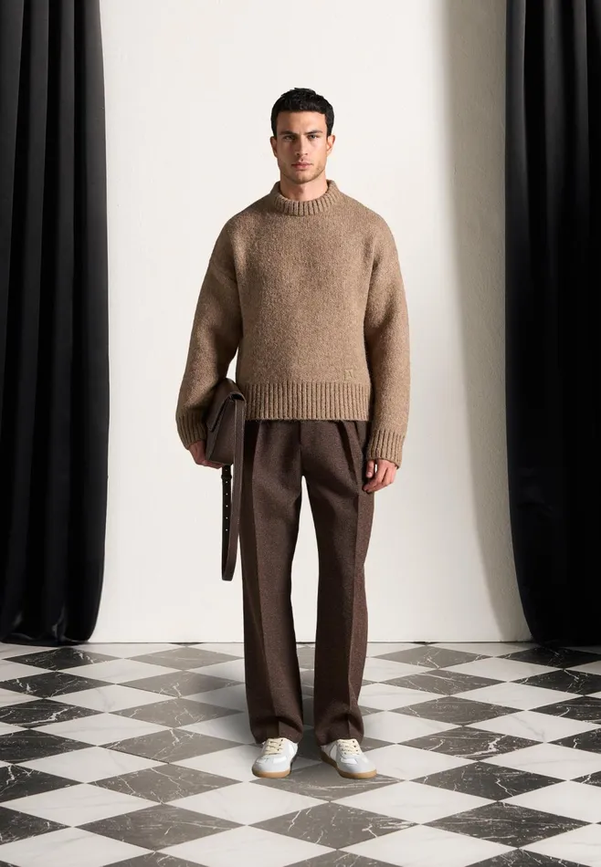 Men Manire De Voir Art Slogan Brushed Wool Knit Jumper Beige