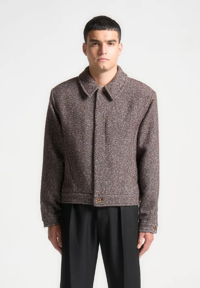 Men Manire De Voir Boxy Herringbone Wool Blend Jacket Brown