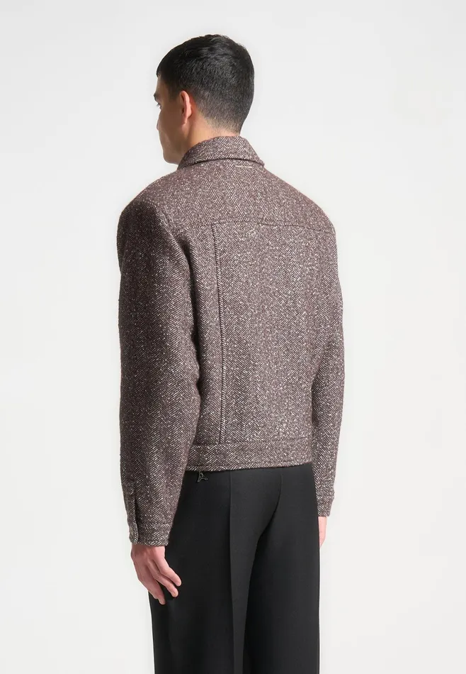 Men Manire De Voir Boxy Herringbone Wool Blend Jacket Brown