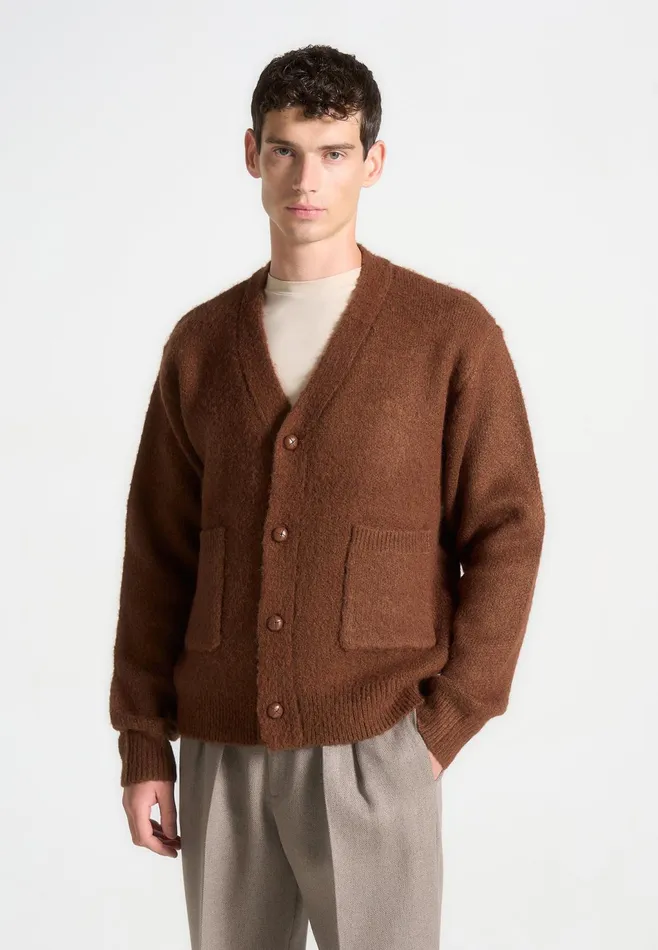 Men Manire De Voir Brushed Wool Knit Cardigan Rust