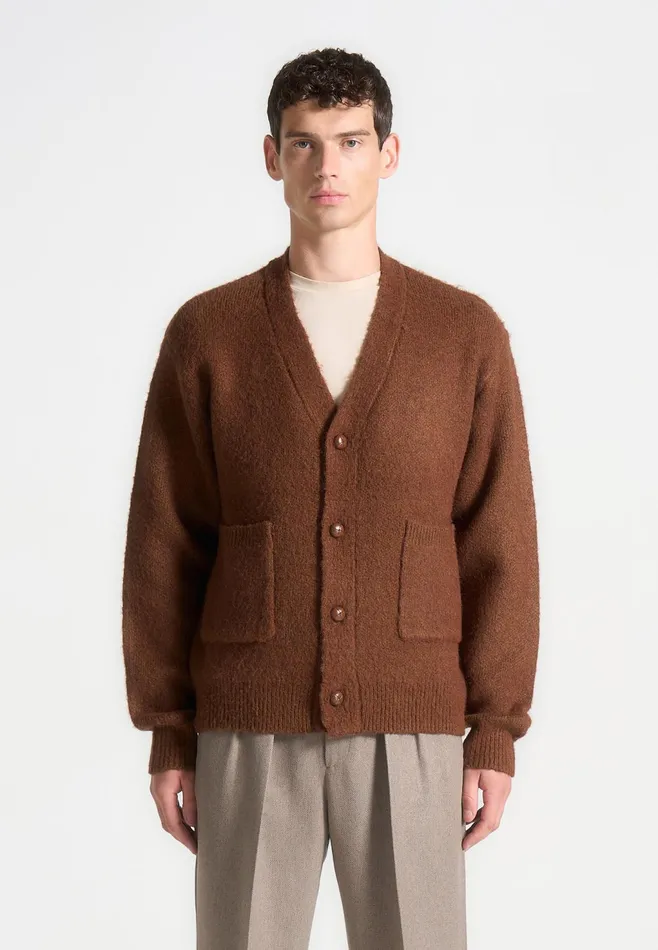 Men Manire De Voir Brushed Wool Knit Cardigan Rust