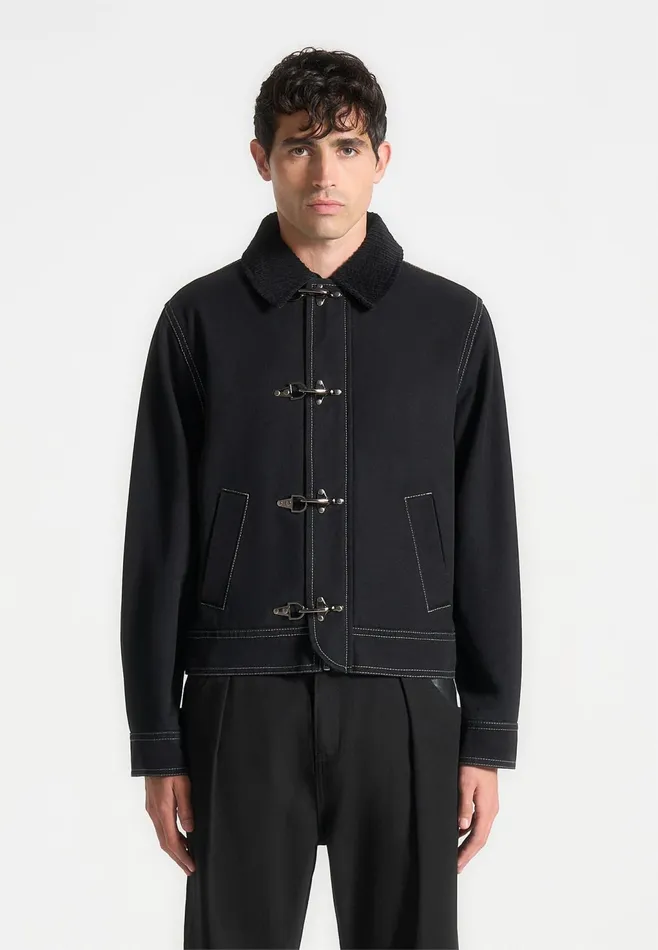Men Manire De Voir Clasp Detail Contrast Stitch Gabardine Jacket Black