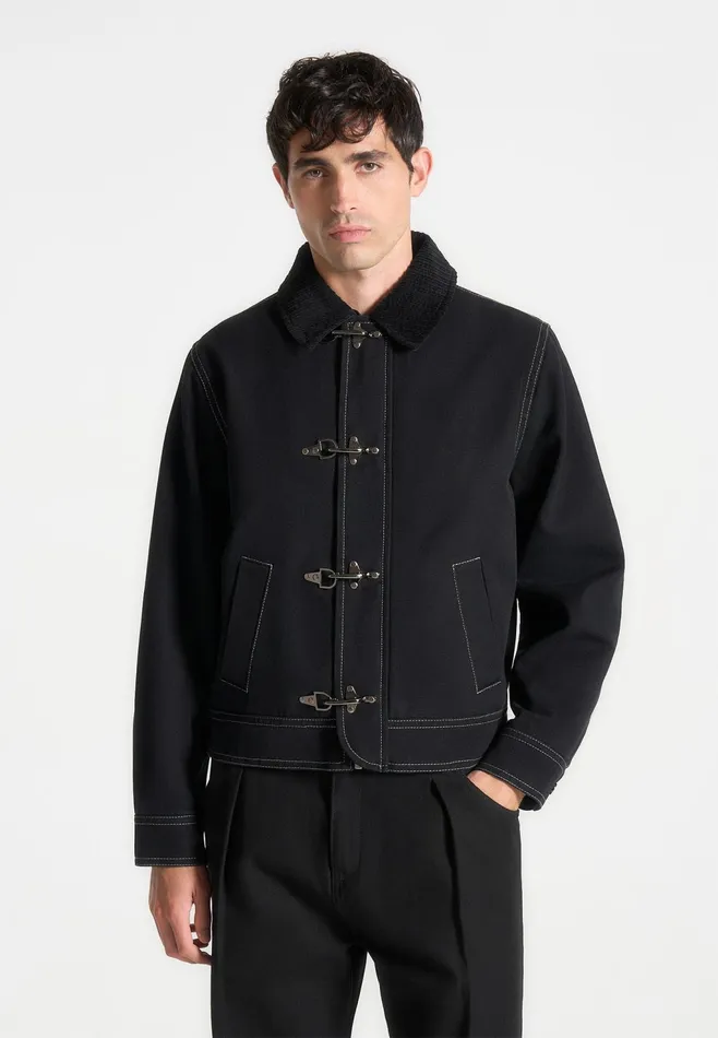Men Manire De Voir Clasp Detail Contrast Stitch Gabardine Jacket Black