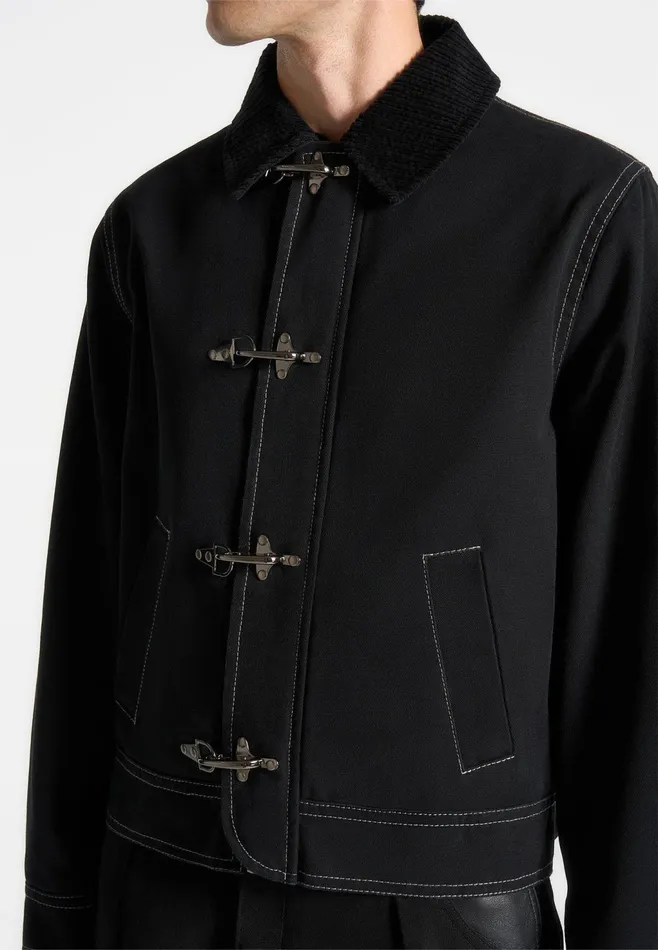 Men Manire De Voir Clasp Detail Contrast Stitch Gabardine Jacket Black